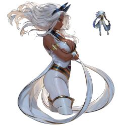 1girl absurdres animification armlet arms_under_breasts bare_shoulders black_shirt blue_eyes boots breasts cleavage commentary cowboy_shot cropped_jacket cropped_legs crossed_arms dark-skinned_female dark_skin electricity electrokinesis energy english_commentary female_focus glowing glowing_hand gold_trim gradient_background hair_ornament highres izumi_is_blah jacket jewelry jiggle large_breasts lightning_bolt_symbol long_hair marvel marvel_tokon:_fighting_souls pants parted_bangs profile reference_inset shirt sideboob simple_background smile storm_(x-men) thick_thighs thigh_boots thighs toned toned_female vambraces very_dark_skin very_long_hair wavy_hair white_background white_boots white_hair white_jacket white_pants x-men