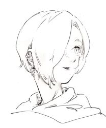 Rule 34 | 1girl, commentary request, cropped shoulders, ear piercing, greyscale, hair over one eye, highres, hood, hood down, idolmaster, idolmaster cinderella girls, imay3927, long bangs, looking to the side, monochrome, one eye covered, open mouth, piercing, portrait, shirasaka koume, short hair, simple background, solo