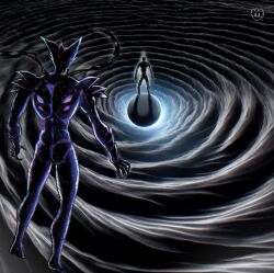 1boy 1other absurdres ass awakened_garou_(cosmic_fear_mode) black_hole commentary devovas english_commentary garou_(one-punch_man) god_(one-punch_man) hair_horns highres one-punch_man shoulder_spikes signature spikes