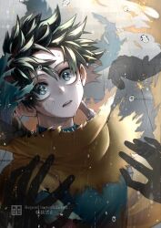 1boy blurry blurry_background bodysuit boku_no_hero_academia cape commentary_request dirty dirty_face freckles green_bodysuit green_eyes green_hair highres ho_(dotto615) lens_flare light_particles male_focus midoriya_izuku open_mouth outdoors rain short_hair solo sparks superhero_costume teeth tile_floor tiles torn_cape torn_clothes upper_body water_drop watermark wet yellow_cape