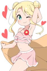 1girl :3 arm_behind_head armpits bad_tag bikini bikini_skirt blonde_hair cloth green_eyes highres himesaka_noa loli navel one_eye_closed presenting_armpit riyo_(aokiwazumi) solo stomach swimsuit watashi_ni_tenshi_ga_maiorita!