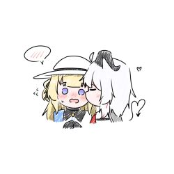 Rule 34 | 2girls, ahoge, black collar, black gloves, black horns, blonde hair, blood, blue eyes, blue sash, closed eyes, collar, commentary request, curled horns, demon tail, flying sweatdrops, gloves, hands up, hat, heart, heart tail, highres, horns, kiss, kissing cheek, long hair, multiple girls, necktie, nosebleed, phoebe (wuthering waves), red necktie, sash, simple background, spoken blush, tail, tenrino, white background, white hair, white hat, wuthering waves, yuri, zani (wuthering waves)