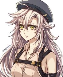 1girl bare_shoulders beret black_hat breasts curtained_hair detached_sleeves eiyuu_densetsu fie_claussell green_eyes hair_between_eyes hat kuro_no_kiseki_(series) kuro_no_kiseki_i parted_bangs portrait sidelocks simple_background small_breasts solo twitter_username upper_body white_background white_hair yukiko_(leovioykk)