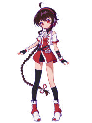 asymmetrical_legwear bare_shoulders belt bike_shorts black_gloves black_hair black_socks black_thighhighs boots braid brown_belt brown_hair closed_mouth cool_colored dress elbow_gloves fingerless_gloves gloves headphones headset highres long_hair mole multicolored_boots open_clothes open_vest pointzhu red_boots red_dress red_eyes red_headset single_braid socks solo thighhighs very_long_hair vest vocaloid vsinger_(vocaloid) white_background white_vest yuezheng_ling yuezheng_ling_v3