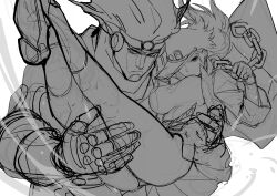 Rule 34 | 1girl, breasts, chain, clenched hand, closed mouth, full body, gakuran, genderswap, genderswap (mtf), greyscale, hat, highres, jojo no kimyou na bouken, kotatsu (g-rough), kuujou joutarou, large breasts, legs, long hair, looking at viewer, monochrome, school uniform, simple background, stand (jojo), star platinum, stardust crusaders, white background