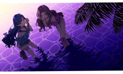 2girls :d aikatsu!_(series) aikatsu_stars! bare_shoulders blue_hair blue_shirt blue_shorts citron_(otocitronx) evening frilled_shirt frills hand_up highres holding holding_shoes jewelry kasumi_yozora kazesawa_sora knees_together_feet_apart leaning_forward legs_apart letterboxed long_hair looking_at_viewer multiple_girls necklace off-shoulder_shirt off_shoulder open_mouth outdoors palm_leaf parted_lips pink_shirt pink_shorts purple_eyes purple_hair purple_shirt shirt shoes short_shorts short_sleeves shorts smile standing striped_clothes striped_shirt two-tone_shirt vertical-striped_clothes vertical-striped_shirt water wavy_hair