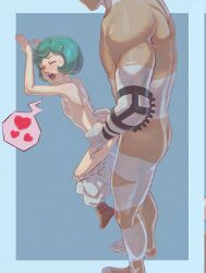 1boy 1girl absurdres bandages berserk closed_eyes commission eco19 green_hair guts_(berserk) head_out_of_frame heart hetero highres loli open_mouth saliva schierke_(berserk) sex sex_from_behind short_hair simple_background size_difference spoken_heart tongue