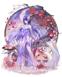 1girl acheron_(honkai:_star_rail) alternate_costume bare_shoulders chinese_commentary closed_umbrella commentary_request commission csyday dress english_text flower food fruit full_body hair_over_one_eye hand_up highres holding holding_umbrella honkai:_star_rail honkai_(series) lantern long_hair looking_at_viewer mask mask_on_head multicolored_hair nail_polish oil-paper_umbrella paper_lantern parted_lips peach purple_dress purple_eyes purple_flower purple_hair purple_hands purple_nails red_petals sample_watermark signature solo standing strapless strapless_dress streaked_hair sword umbrella watermark weapon
