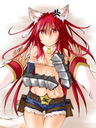 Rule 34 | 1boy, 1girl, anger vein, animal ear fluff, animal ears, belt, belt buckle, belt pouch, bikini, bikini top aside, bikini top only, blue shorts, blush, breasts, brown belt, buckle, charm (object), commentary request, cowboy shot, denim, denim shorts, dog ears, dog girl, elbow gloves, fingerless gloves, fur-trimmed shorts, fur trim, gloves, grey gloves, hair between eyes, hetero, high priest (ragnarok online), kaminagi (kaminagi-tei), long hair, looking at viewer, midriff, navel, nipples, open mouth, poporing, poring, pouch, pov, pov hands, ragnarok online, red eyes, red hair, short shorts, shorts, small breasts, solo focus, star (symbol), swimsuit, vambraces, white bikini, whitesmith (ragnarok online)