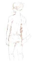 1boy arch_bishop_(ragnarok_online) back brown_theme coat commentary_request cowboy_shot from_behind looking_afar male_focus monochrome open_mouth pants ragnarok_online sansaro short_hair simple_background solo topless_male unworn_coat