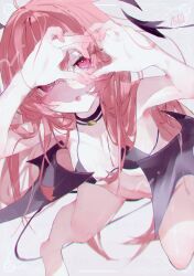 Rule 34 | 1girl, :o, absurdres, ahoge, alternate costume, arms up, barefoot, bat wings, bikini, bikini top only, black bikini, black tail, blush, bottomless, breasts, chromatic aberration, commentary, demon tail, dot nose, eyelashes, from above, full body, hair flowing over, head wings, heart, heart-shaped pupils, heart hands, highres, jewelry, koakuma, long hair, looking at viewer, low wings, medium breasts, necklace, red eyes, red hair, simple background, solo, swimsuit, symbol-shaped pupils, tail, touhou, very long hair, white background, wings, yu san ph0