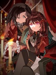 Rule 34 | 2girls, arm belt, ascot, bang dream!, bang dream! it&#039;s mygo!!!!!, belt, belt buckle, black ascot, black belt, black boots, black choker, black hair, black vest, blood, blood stain, blue eyes, blurry, blurry foreground, boots, brown hair, buckle, candelabra, candle, candlestand, center frills, chair, choker, closed mouth, crossed legs, curtains, depth of field, feet out of frame, fire, floral print, frilled sleeves, frills, gem, hair ribbon, hair tie, hand up, hashtag-only commentary, highres, holding hands, jacket, lapels, light smile, long hair, long sleeves, looking at viewer, looking to the side, low-tied long hair, low side ponytail, medium hair, minon (momoiminon0420), mole, mole under eye, multiple girls, notched lapels, official alternate costume, official alternate hairstyle, on chair, open clothes, open jacket, pants, pearl (gemstone), picture frame, print jacket, profile, purple eyes, red brooch, red jacket, red ribbon, ribbon, shiina taki, short braid, sitting, vest, waistcoat, white pants, wide sleeves, yahata umiri