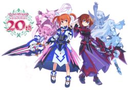 6+girls anniversary armor armored_dress black_gloves brown_hair dress fate_testarossa fate_testarossa_(blaze_iii) finger_counting fingerless_gloves gloves hand_up hibun_tsukasa holding holding_polearm holding_staff holding_weapon levi_the_slasher lord_dearche luciferion lyrical_nanoha mage_staff magical_girl mahou_shoujo_lyrical_nanoha_detonation multiple_girls ok_sign polearm raising_heart raising_heart_estrea rod_(nanoha) shoes short_hair simple_background smile staff stern_the_destructor takamachi_nanoha takamachi_nanoha_(formula_ii) twintails v weapon white_background yagami_hayate yuri_eberwein