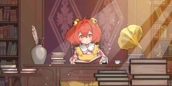 Rule 34 | 1-tuka, 1girl, apron, bell, blush, book, bookshelf, chair, checkered clothes, checkered kimono, commentary, english commentary, game cg, hair bell, hair ornament, highres, holding, holding book, indoors, japanese clothes, jingle bell, kimono, long sleeves, medium hair, motoori kosuzu, official art, open book, open mouth, orange eyes, orange hair, phonograph, quill, reading, sitting, solo, table, third-party source, touhou, touhou lostword, two side up, wide sleeves, yellow apron