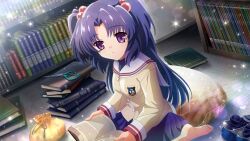 Rule 34 | 1girl, artist request, bag, barefoot, blue hair, blue skirt, book, bookshelf, brown jacket, clannad, crossover, game cg, highres, higurashi no naku koro ni, higurashi no naku koro ni mei, hikarizaka private high school uniform, holding, holding book, ichinose kotomi, jacket, long hair, long sleeves, looking at viewer, non-web source, official art, open book, parted lips, pillow, purple eyes, school uniform, scissors, shoes, sitting, skirt, solo, sparkle, sphere hair ornament, unworn shoes