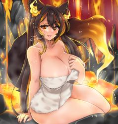 1girl animal_ears black_hair breasts cleavage fire highres indie_virtual_youtuber large_breasts meowyin lava multicolored_hair naked_towel orange_eyes orange_hair sinder_(vtuber) solo sweat tail tongue tongue_out towel two-tone_hair virtual_youtuber wolf_ears wolf_girl wolf_tail