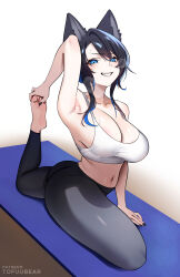 1girl absurdres animal_ears armpits bare_shoulders black_hair black_nails blue_eyes blue_hair blush breasts cleavage feet grin hands_on_own_feet highres large_breasts looking_at_viewer medium_hair midriff mole mole_under_eye multicolored_hair nail_polish navel original pants reiko_(tofuubear) sidelocks smile soles solo sports_bra sweat teeth thighs tight_clothes tight_pants toes tofuubear white_background white_sports_bra yoga yoga_pants
