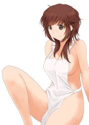 1girl amagami apron armpits ass bakadere bare_hips bare_legs breasts brown_eyes brown_hair cleavage female_focus knees large_breasts legs medium_breasts naked_apron nude sakurai_rihoko seductive_smile sideboob sitting smile solo