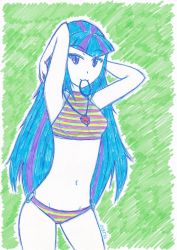 1girl :3 adjusting_hair arms_behind_head arms_up bikini blue_hair breasts dragonemperror2810 green_background halterneck hands_in_hair hasbro highres jewelry long_hair medium_breasts mouth_hold multicolored_hair my_little_pony my_little_pony:_equestria_girls my_little_pony:_friendship_is_magic navel necklace o-ring o-ring_bikini pink_bikini purple_eyes purple_hair rubber_band sonata_dusk standing streaked_hair striped_bikini striped_clothes swimsuit two-tone_hair yellow_bikini