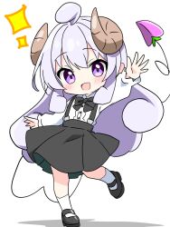 1girl :d ahoge arm_up black_bow black_bowtie black_shoes black_skirt blush bow bowtie brown_horns buttons collared_shirt commentary_request curled_horns curly_hair demon_girl demon_tail dot_nose full_body highres horns kotatsu-mazoku lilith_(machikado_mazoku) lilith_(machikado_mazoku)_(homunculus) long_hair long_sleeves looking_at_viewer machikado_mazoku mary_janes open_mouth outstretched_arm pleated_skirt purple_eyes purple_hair shirt shoes sidelocks simple_background skirt smile socks solo sparkle standing standing_on_one_leg suspender_skirt suspenders tail white_background white_shirt white_socks