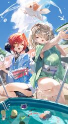 Rule 34 | 2girls, absurdres, au ra, blue eyes, breasts, brown hair, dragon girl, dragon horns, dragon tail, final fantasy, final fantasy xiv, fish, goldfish, goldfish scooping, great serpent of ronka, headband, highres, horns, japanese clothes, kimono, korpokkur (final fantasy), moogle, multiple girls, namazu (final fantasy), obi, outrunner (ff14), poi (goldfish scoop), red hair, sash, scales, shikina (mochigushi ), short hair, signature, tail, warrior of light (ff14), yellow eyes, yukata