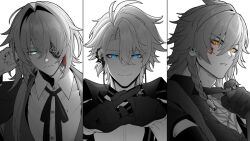 Rule 34 | 3boys, alternate costume, anaxa (honkai: star rail), antenna hair, aqua eyes, artist name, black gloves, blue eyes, braid, buttons, chain, closed mouth, crossed bangs, doggie117, earclip, eyepatch, facial tattoo, gloves, hair between eyes, half-closed eyes, hand up, honkai: star rail, honkai (series), jacket, jewelry, looking at viewer, male focus, medium hair, messy hair, multiple boys, multiple rings, mydei (honkai: star rail), one eye covered, parted bangs, partially colored, phainon (honkai: star rail), pink pupils, red tattoo, ring, shirt, short hair, simple background, single braid, tattoo, white background, white shirt, yellow eyes, yellow pupils