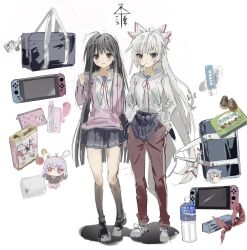 2girls alternate_costume bag black_hair black_shoes black_socks blue_skirt bottle bow cosmetics expressionless fujiwara_no_mokou full_body hair_bow handkerchief hands_in_pockets highres hime_cut hood hoodie houraisan_kaguya kamishirasawa_keine light_smile long_hair long_sleeves looking_at_viewer mouth_hold multiple_girls nintendo_switch pants pants_under_skirt pink_eyes pink_shirt red_eyes red_pants reisen_udongein_inaba school_bag school_uniform sesmkun shirt shoes skirt sneakers socks stalk_in_mouth stuffed_toy touhou very_long_hair water_bottle white_background white_hair white_hoodie yagokoro_eirin