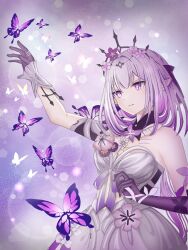 1girl bare_shoulders black_tiara bug butterfly castorice_(honkai:_star_rail) cocoria_(cocoi) commentary_request dress flower hair_flower hair_ornament head_tilt highres honkai:_star_rail honkai_(series) insect long_hair pink_flower pointy_ears purple_eyes purple_hair solo tiara upper_body very_long_hair white_dress wrist_cuffs