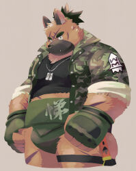 1boy animal_ears belly bulge camouflage camouflage_jacket clenched_hands closed_mouth cross_scar dog_boy dog_ears dog_tags fang fang_out fat fingerless_gloves furry furry_male gloves green_gloves green_shirt grey_background highres inutora08 jacket jewelry looking_at_viewer male_focus mawashi multiple_scars necklace ponytail scar scar_across_eyebrow scar_on_arm scar_on_face scar_on_leg scar_on_stomach shirt tokyo_houkago_summoners yasuyori_(housamo)