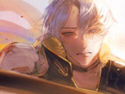 Rule 34 | 1boy, armor, black choker, black shirt, blue eyes, choker, clenched teeth, crying, crying with eyes open, hashtag-only commentary, honkai: star rail, honkai (series), ilriyum, looking at viewer, male focus, neck tattoo, parted bangs, pauldrons, phainon (honkai: star rail), shirt, short hair, shoulder armor, single pauldron, solo, sun symbol, sun tattoo, tan, tattoo, tears, teeth, white hair