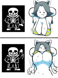 black_hair bra breasts furry furry_female grin hood hoodie large_breasts long_ears nakineiriko_(dafdafson) navel sans_(undertale) shorts skeleton slippers smile sweat temmie underboob undertale underwear