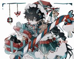 Rule 34 | 1boy, alternate costume, aqua eyes, black cat, black hair, bright pupils, cat, christmas, christmas ornaments, dan heng (honkai: star rail), dan heng (imbibitor lunae) (honkai: star rail), gift, hair between eyes, hat, highres, holding, holding gift, honkai: star rail, honkai (series), horns, male focus, mulihaohao, santa hat, short hair, sketch, solo, white pupils