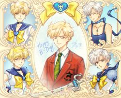 5girls back_bow bishoujo_senshi_sailor_moon bishoujo_senshi_sailor_moon_s bishoujo_senshi_sailor_moon_stars blonde_hair blouse blue_bow blue_eyes blue_neckwear blue_sailor_collar bow brooch choker circlet closed_mouth collarbone collared_shirt crescent crescent_earrings crossdressing dated earrings english_text facial_mark forehead_mark formal_clothes green_neckwear happy_birthday heart heart_brooch jewelry kay-i looking_at_viewer mugen_gakuen_school_uniform multiple_girls multiple_persona necktie princess_uranus puffy_sleeves red_suit ribbon_choker sailor_collar sailor_senshi_uniform sailor_uranus school_uniform shirt short_hair signature smile space_sword star_(symbol) star_brooch star_choker star_earrings suit super_sailor_uranus super_sailor_uranus_(stars) ten&#039;ou_haruka upper_body uranus_symbol very_short_hair white_hair white_shirt yellow_bow