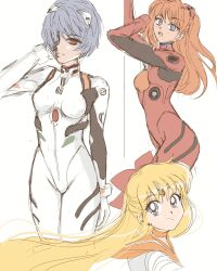 Rule 34 | 3girls, aino minako, ayanami rei, bishoujo senshi sailor moon, blonde hair, blue eyes, blue hair, bodysuit, bow, breasts, crossover, from side, highres, long hair, magical girl, medium breasts, multiple girls, neon genesis evangelion, one eye covered, orange hair, red bow, red eyes, sailor venus, short sleeves, sketch, souryuu asuka langley, stone umbrella, twintails, very long hair