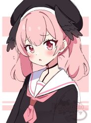 1girl artist_name black_shirt black_wings blue_archive blush feathered_wings flying_sweatdrops halo head_wings highres koharu_(blue_archive) long_sleeves looking_at_viewer low_wings medium_hair meowbah neckerchief non-web_source open_mouth pink_background pink_eyes pink_halo pink_neckerchief sailor_collar shirt simple_background solo sweatdrop swept_bangs two-tone_background upper_body watermark white_background white_sailor_collar winged_hat wings