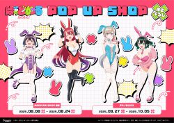 Rule 34 | 4girls, :d, absurdres, animal ears, bad girl (manga), black gloves, blue eyes, blue leotard, boots, bow, bowtie, breasts, brown hair, character request, cleavage, closed mouth, commentary request, contrapposto, detached collar, fake animal ears, fake tail, fishnet thighhighs, fishnets, full body, gloves, green eyes, green hair, heart, heart hands, high heels, highleg, highleg leotard, highres, large breasts, leotard, mary janes, medium breasts, mizutori atori, multiple girls, necktie, off shoulder, official art, open mouth, orange eyes, partially unzipped, pink leotard, pink necktie, pink shoes, playboy bunny, promotional art, purple bow, purple bowtie, purple eyes, purple hair, purple leotard, purple shoes, rabbit ears, rabbit pose, rabbit tail, red hair, red leotard, ruriha rura, shoes, smile, standing, standing on one leg, suzukaze suzu, tail, tailcoat playboy bunny, thigh boots, thighhighs, traditional bowtie, white shoes, white thighhighs, white wrist cuffs, wrist cuffs, yuutani yuu