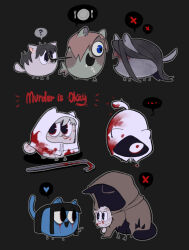 Rule 34 | aged down, animal, animalization, black background, black eyes, black hair, blood, blood on face, bloody tears, blue eyes, brown cloak, cat, chinese commentary, chlorenw, cloak, clothed animal, commentary request, crowbar, english text, heroine (homicipher), highres, holding, holding crowbar, homicipher, kitten, long hair, mouth hold, mr. crawling, mr. hood, mr. stitch, ms. blue-clad, multiple views, raincoat, red eyes, stitches, white raincoat