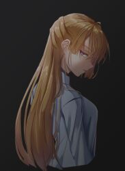 1girl amalia_lobelia blonde_hair blue_eyes blue_shirt degtyaryov2952 empty_eyes long_hair looking_back naraku naraku_2 shirt solo sweater turtleneck turtleneck_sweater