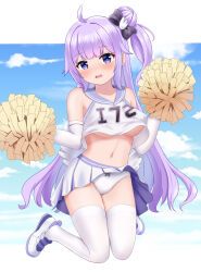 1girl ahoge azur_lane bare_shoulders blue_sailor_collar blue_sky blush bow bow_panties breasts cheerleader clothes_lift cloud collarbone commentary_request day elbow_gloves gloves hair_bun highres long_hair looking_at_viewer medium_breasts michou navel nose_blush official_alternate_costume one_side_up open_mouth panties pleated_skirt pom_pom_(cheerleading) purple_eyes purple_hair sailor_collar shirt shoes single_side_bun skirt skirt_lift sky sleeveless sleeveless_shirt solo thighhighs underboob underwear unicorn_(azur_lane) unicorn_(champion_of_unicorn)_(azur_lane) very_long_hair wavy_mouth white_gloves white_panties white_shirt white_shoes white_skirt white_thighhighs wind wind_lift