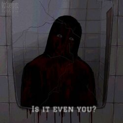 1boy bathroom black_hoodie blood blood_drip blood_on_clothes blood_on_face blood_on_wall ceiling_light ch1ckenpretz crack cracked_glass cry_of_fear despite_everything_it&#039;s_still_you_(meme) dim_lighting door english_text highres hood hood_up hoodie looking_at_viewer male_focus meme mirror reflection reflection_focus reflective_surface simon_henriksson_(book) solo spot_color standing tile_wall tiles wide-eyed