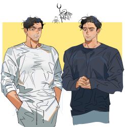2boys black_hair black_shirt border brown_eyes closed_mouth commentary_request cowboy_shot crescent dark-skinned_male dark_skin fingernails grey_pants hands_in_pockets highres holding holding_scepter karmaho korean_commentary long_sleeves looking_at_viewer male_focus marc_spector marvel marvel_cinematic_universe mask moon_knight_(disney+) mr._knight multiple_boys necktie outside_border own_hands_together pants scepter shirt short_hair simple_background standing steven_grant sweat teeth white_border white_pants white_shirt yellow_background
