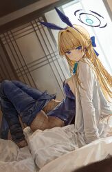 Rule 34 | 1girl, absurdres, animal ears, aqua bow, aqua bowtie, black pantyhose, blonde hair, blue archive, blue eyes, blue hairband, blue halo, blue leotard, blue pants, blush, bow, bowtie, breasts, closed mouth, denim, earpiece, fake animal ears, fishnet pantyhose, fishnets, hairband, halo, hidulume, highleg, highleg leotard, highres, indoors, leotard, long hair, looking at viewer, medium breasts, official alternate costume, open clothes, open shirt, pants, pantyhose, playboy bunny, rabbit ears, shirt, sitting, solo, strapless, strapless leotard, toki (blue archive), toki (bunny) (blue archive), undressing, white shirt