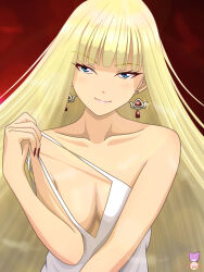 1girl absurdres blonde_hair blue_eyes blunt_bangs breasts cleavage collarbone commentary_request dress earrings fingernails gigi_andalusia gradient_background gundam gundam_hathaway&#039;s_flash highres jewelry long_fingernails long_hair looking_at_viewer naughty_face nyahoekaki1 red_background red_nails signature smile solo undressing upper_body white_dress