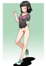 1girl arm_behind_back bar_censor black_hair black_shirt bottomless breasts censored closed_eyes full_body green_shoes highres j7w large_variant_set loli medium_hair open_mouth original polka_dot polka_dot_background pussy shadow shirt shoes small_breasts smile sneakers solo standing standing_on_one_leg variant_set