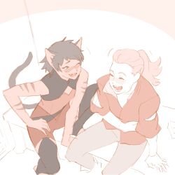 2girls 55bata6rou adora_(she-ra) animal_ears black_hair blonde_hair blush cat_ears cat_girl cat_tail catra closed_eyes fang freckles hand_on_own_stomach hands_on_own_leg highres laughing long_hair looking_at_another multiple_girls open_mouth pants partially_colored ponytail red_shirt she-ra_and_the_princesses_of_power shirt short_hair sitting smile tail
