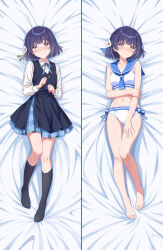 Rule 34 | 1girl, bare legs, barefoot, bed sheet, black overskirt, black socks, black vest, blue ribbon, blue skirt, blush, breasts, dakimakura (medium), gakuen idolmaster, hataya misuzu, hatsuboshi gakuen school uniform, highres, idolmaster, kneehighs, looking at viewer, lying, mole, mole under mouth, multiple views, navel, neck ribbon, on back, pleated skirt, purple hair, ribbon, rocktaso co ltd, sailor bikini, sailor collar, sailor swimsuit (idolmaster), school uniform, shirt, short hair, skirt, skirt set, small breasts, smile, socks, stomach, toes, vest, white shirt