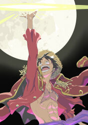 Rule 34 | 1boy, abs, arm up, black eyes, black hair, commentary, commentary request, english commentary, facial scar, full moon, hat, highres, long sleeves, male focus, mixed-language commentary, monkey d. luffy, moon, oda eiichirou, official art, one piece, open clothes, open mouth, scar, scar on cheek, scar on chest, scar on face, short hair, smile, solo, straw hat, teeth