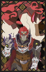 1boy absurdres armor beard bone1987 cape clenched_hand colored_skin crossover earrings facial_hair forehead_jewel ganondorf gen_8_pokemon grey_skin highres jewelry male_focus nintendo orange_eyes pointy_nose pokemon red_cape red_hair sandaconda short_hair sideburns standing the_legend_of_zelda the_legend_of_zelda:_ocarina_of_time