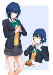 1girl absurdres aqua_bow aqua_bowtie black-framed_eyewear blue_background blue_eyes blue_hair blue_jacket blush border bow bowtie cardigan ciel_(tsukihime) closed_eyes collared_shirt commentary_request curry curry_rice eating food glasses grey_skirt highres hirekatsu-kan jacket long_sleeves looking_at_viewer open_clothes open_jacket outside_border own_hands_together partial_commentary plate pleated_skirt rice school_uniform shirt short_hair simple_background skirt smile solo tsukihime tsukihime_(remake) white_border white_shirt yellow_cardigan