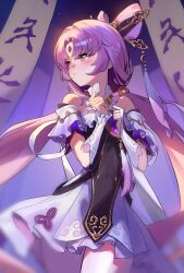 1girl absurdres banner bare_shoulders bby blush bow-shaped_hair bridal_gauntlets closed_mouth detached_sleeves dress forehead_jewel fu_xuan_(honkai:_star_rail) gloves hair_ornament hair_rings hair_stick highres honkai:_star_rail honkai_(series) jewelry long_hair low_twintails miniskirt pantyhose parted_bangs pink_hair purple_rope rope skirt solo tassel tassel_hair_ornament thighs twintails very_long_hair white_gloves white_pantyhose white_skirt yellow_eyes